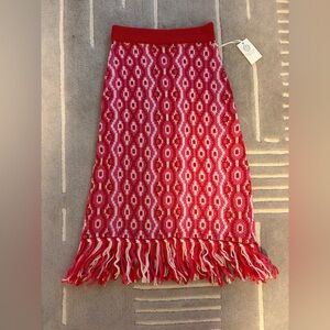 Elegant Red and White Patterned Midi Skirt with Fringe